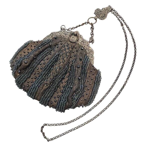 Grace Ann Agostino Signed Clamshell Beaded Mini Bag Brown Damask Gray Beadwork
